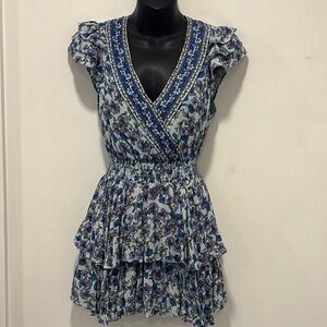 Alice & Olivia Blue and purple floral v-neck mini dress with ruching Size 0